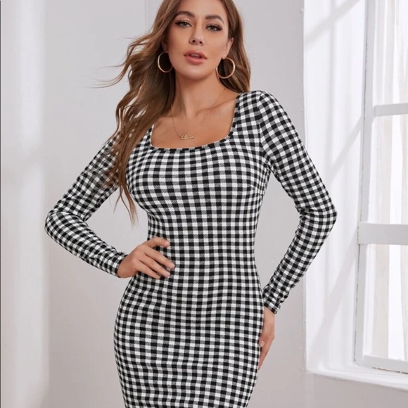 Dresses & Skirts - Gingham Square Neck Bodycon Dress